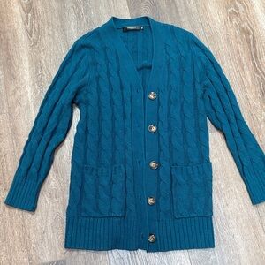 Teal Blue Cable Knit Cardigan Sweater